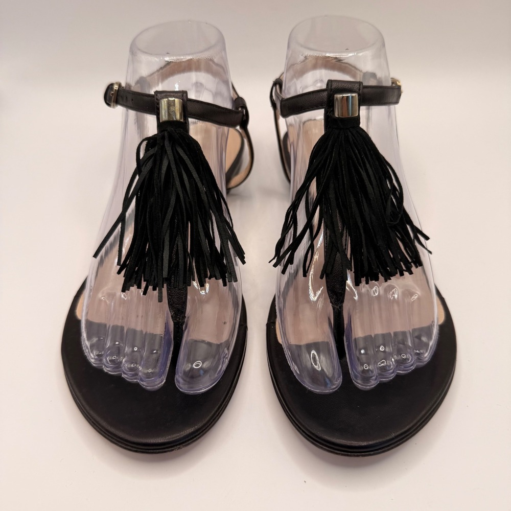 Club Monaco Womens Black Leather Tassel T-Strap Flat Sandals Made in Italy 37.5